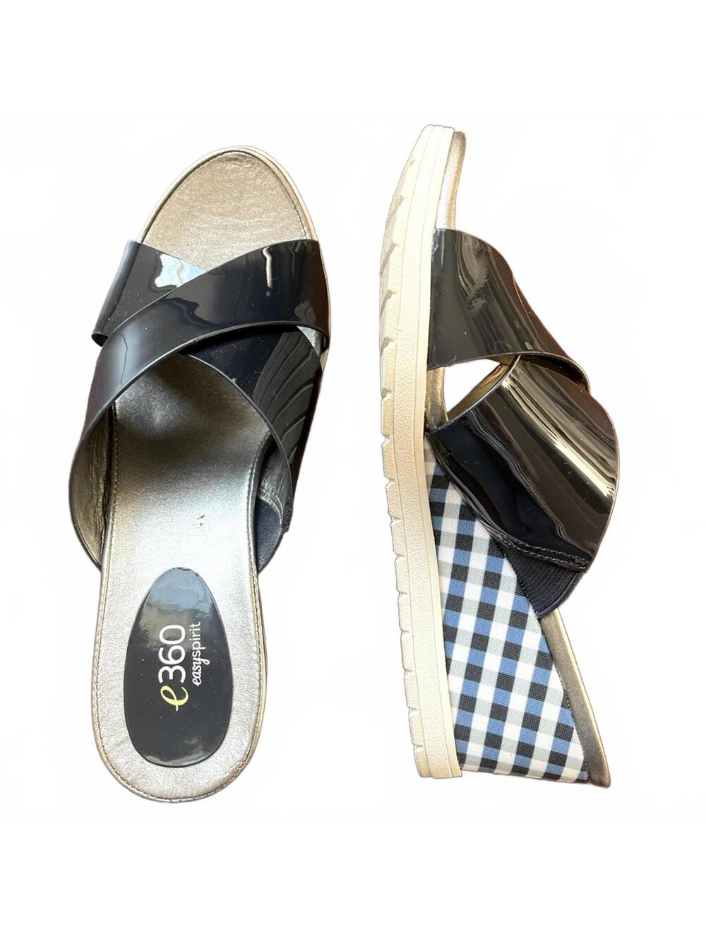 Easy Spirit E360 Navy Patent Leather Slide Wedge Sandals Women’s Comfort Slip-On